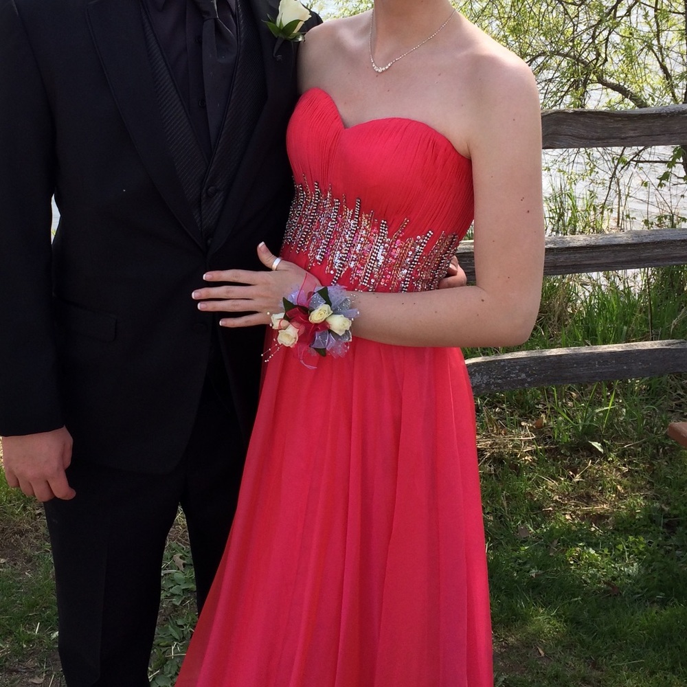 Sherri Hill Coral Strapless Rhinestone Prom Dress